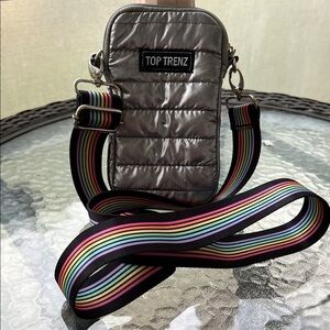 Silver Crossbody Quilted Bag with Rainbow Strap